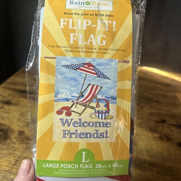 Porch Flag NEW Rain Or Shine Welcome Friends Patriotic Summer Beach 28”x40”LG - Picture 3 of 9